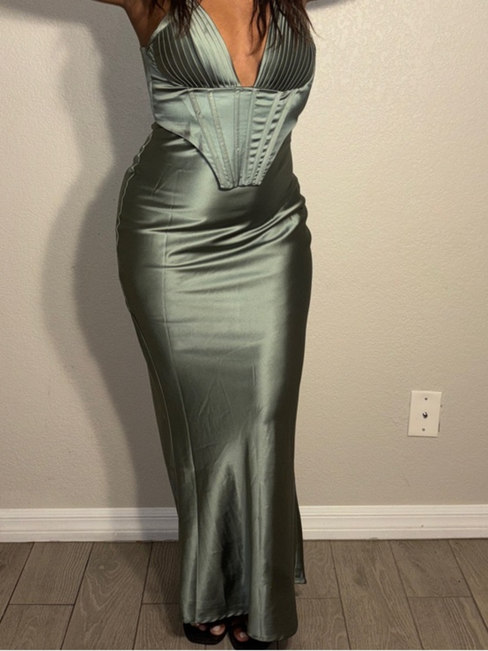 Satin Corset Maxi Dress in Olive Green